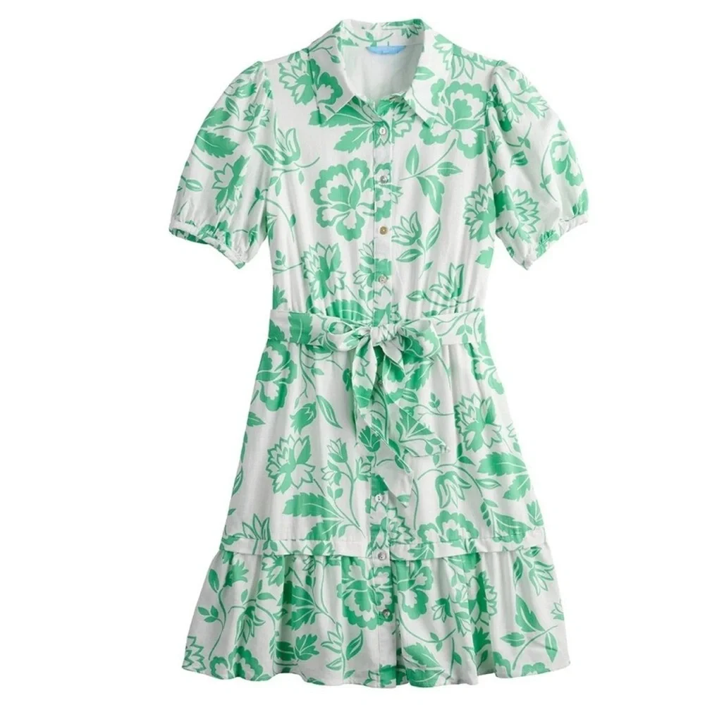 Draper James Puff Sleeve Green Floral Dress Size Medium Linen Blend Button Up - Picture 2 of 10